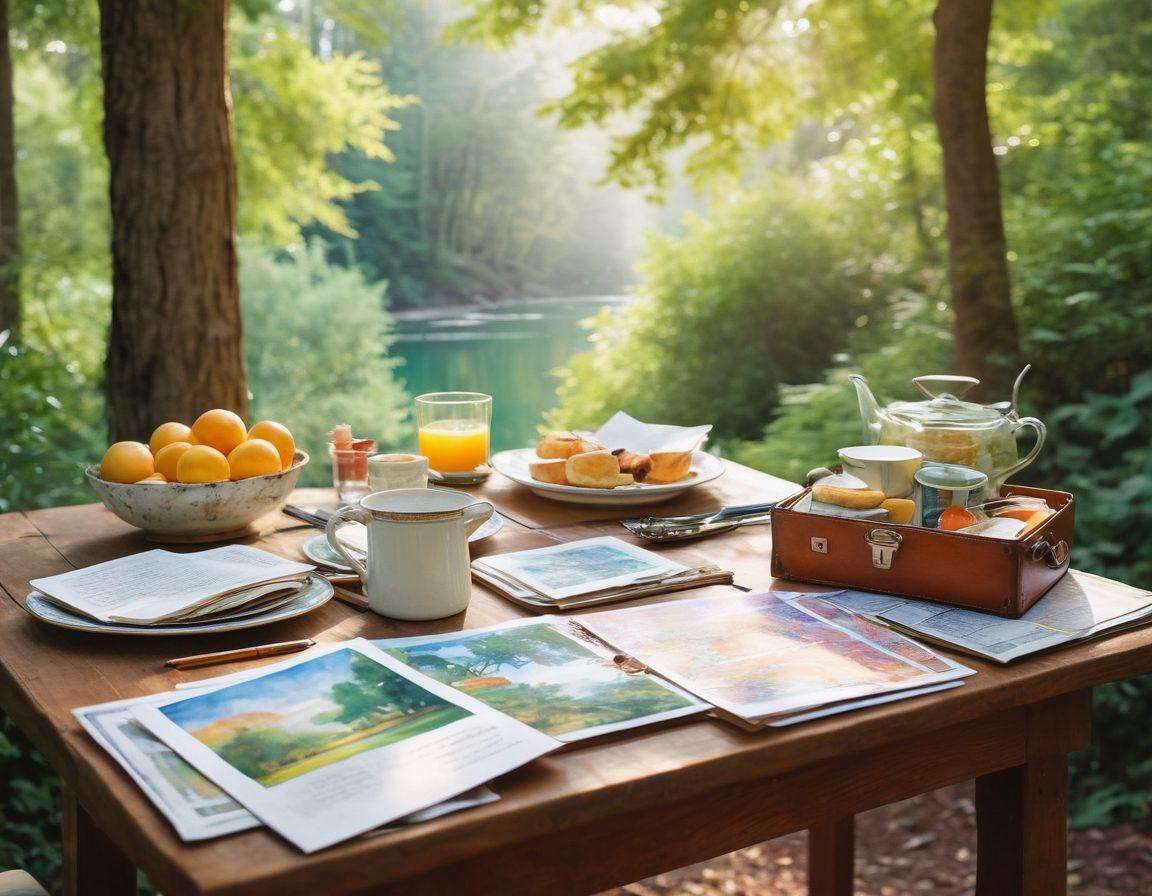 A beautifully arranged table set in a picturesque outdoor location, showcasing a variety of delicious dishes from around the world paired with travel memorabilia like postcards and maps. Soft sunlight filtering through the trees adds warmth, while a traveler sits at the table, journaling their experiences. The surroundings are lush and inviting, evoking a sense of adventure and nostalgia. watercolor painting. vibrant colors. soft focus.