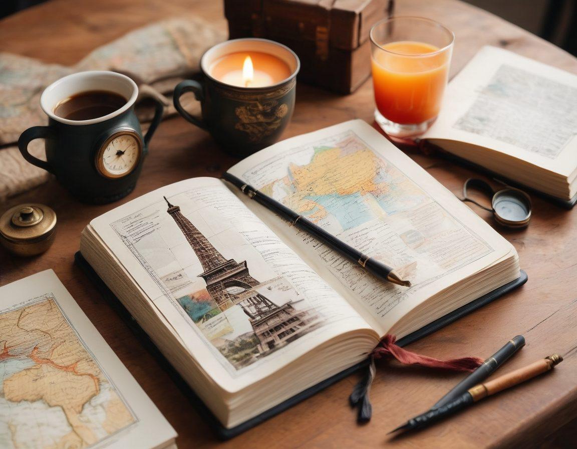 A travel journal open to colorful pages filled with handwritten recipes and travel notes, surrounded by a vintage compass, a steaming cup of coffee, and a world map. In the background, iconic landmarks like the Eiffel Tower, the Great Wall of China, and a beach sunset meld into a dreamy blend. Rich textures and warm tones evoke a sense of adventure and nostalgia. painting. vibrant colors. soft focus.