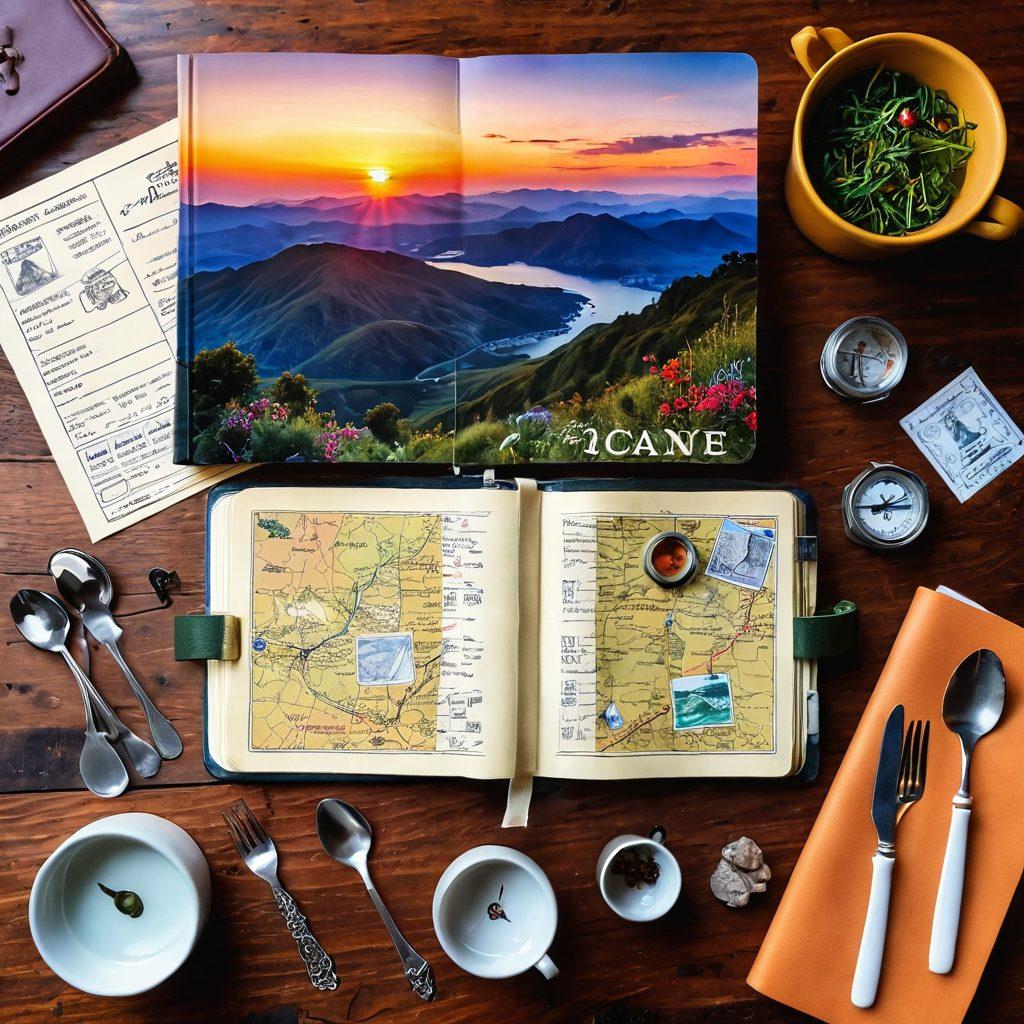 A beautifully arranged travel and culinary diary with vibrant photographs of exotic destinations and delicious dishes. Include a vintage map, a compass, and utensils like forks and spoons artistically placed around the diary. The background showcases a picturesque landscape featuring a sunset view over distant mountains and a cozy café setting. Add elements like travel stamps and handwritten notes scattered throughout to enhance the storytelling aspect. super-realistic. vibrant colors. 3D.